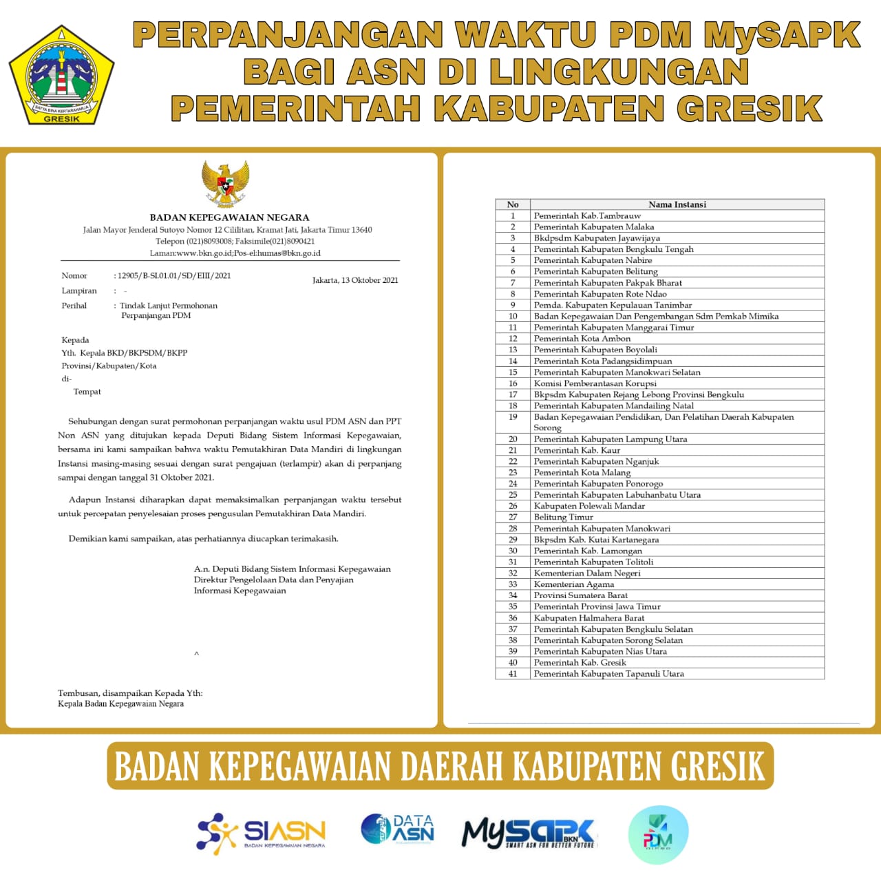PERPANJANGAN WAKTU PDM ASN DI LINGKUNGAN PEMKAB GRESIK MELALUI APLIKASI MySAPK
